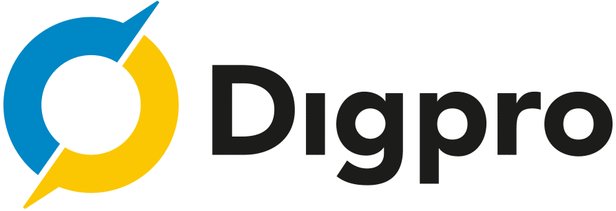 Digipro-Logo mit blauem und gelbem Design.